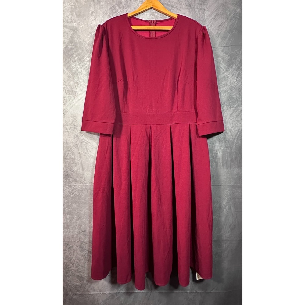 Simple Flavor A-Line Dress Womens 2XL Red Pleated 3/4 Sleeve Round Neck Back Zip